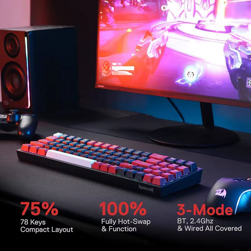 K628 PRO 75% 3-Mode Bluetooth 2.4Ghz Wireless RGB USB LED Gaming Keyboard 78 Keys Hot Swappable Compact Mechanical