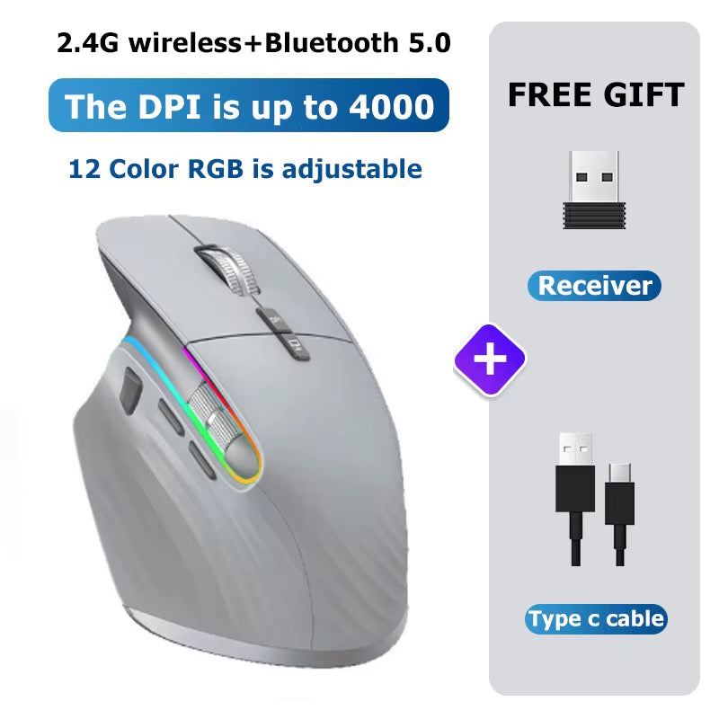 Bluetooth +2.4G Wireless Mouse Rechargeable 12 Colors RGB LED Gaming Mouse Ergonomic Mice for Gamer Computer Laptop Ipad
