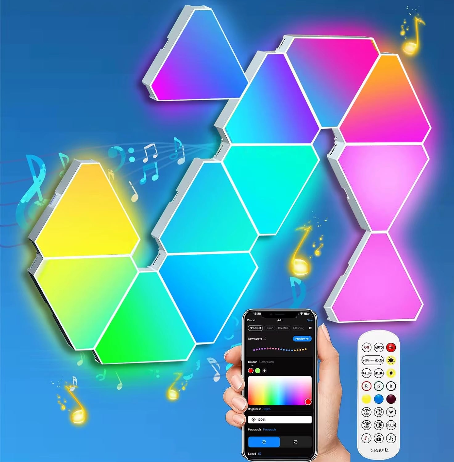 RGB Triangle LED Light Panels, DIY Triangle LED Wall Lights , APP and Remote Controlled, Music Sync for Gaming Room Bedroom