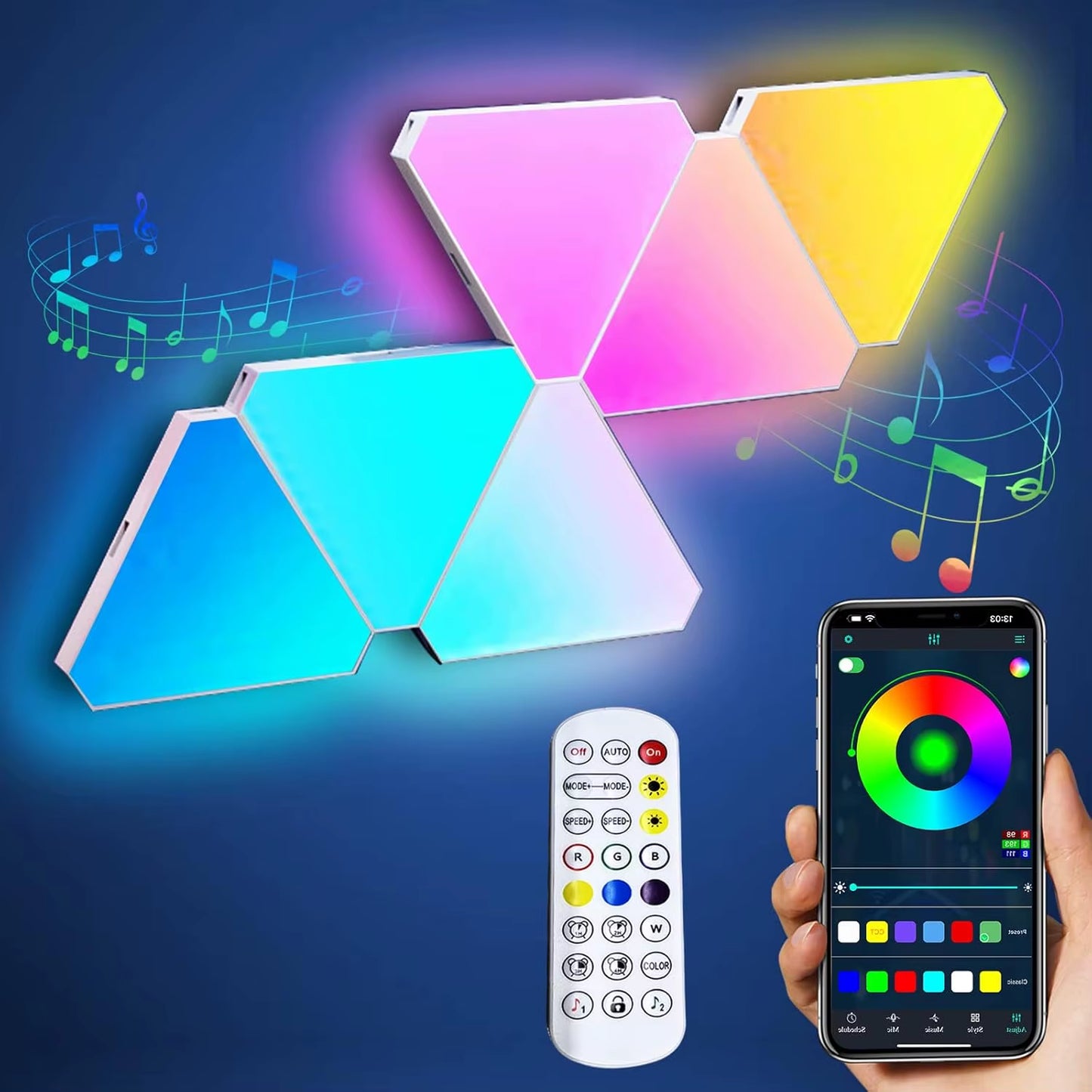 RGB Triangle LED Light Panels, DIY Triangle LED Wall Lights , APP and Remote Controlled, Music Sync for Gaming Room Bedroom