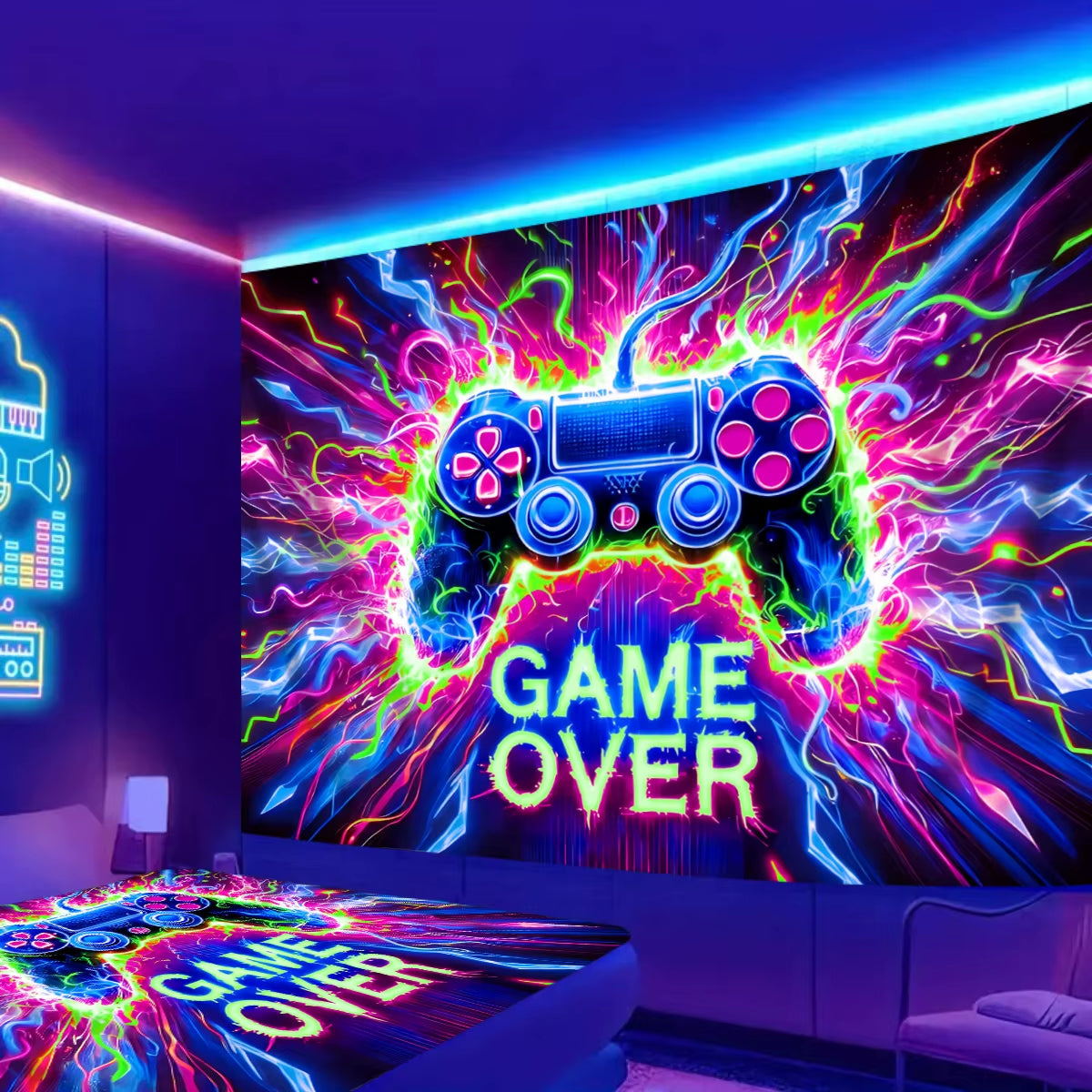 VIKAMA Gaming Neon Tapestry Handle Dazzle Gaming Bedroom Gaming Room Decoration Game Live Background Wall