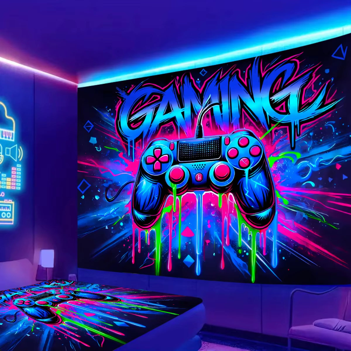 VIKAMA Gaming Neon Tapestry Handle Dazzle Gaming Bedroom Gaming Room Decoration Game Live Background Wall