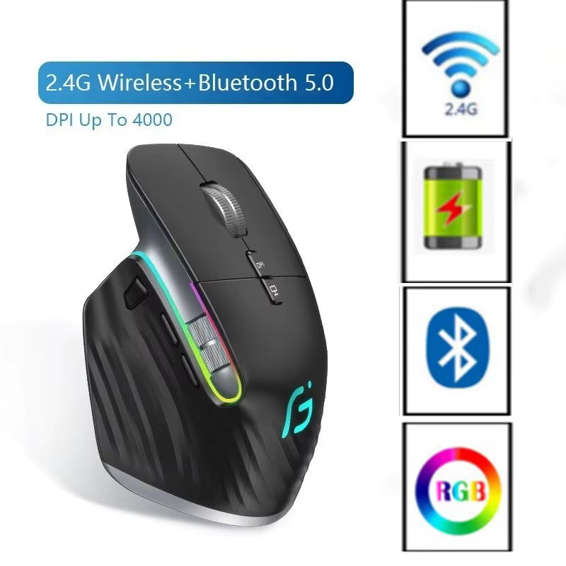 Bluetooth +2.4G Wireless Mouse Rechargeable 12 Colors RGB LED Gaming Mouse Ergonomic Mice for Gamer Computer Laptop Ipad