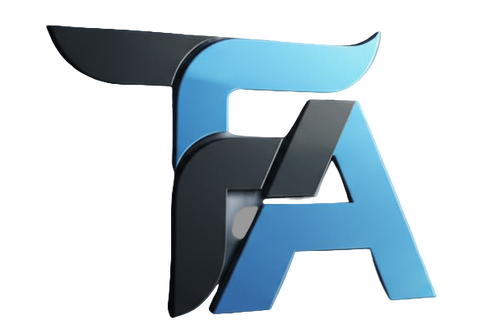 THE WORD T and F and A all together with blue and black colors